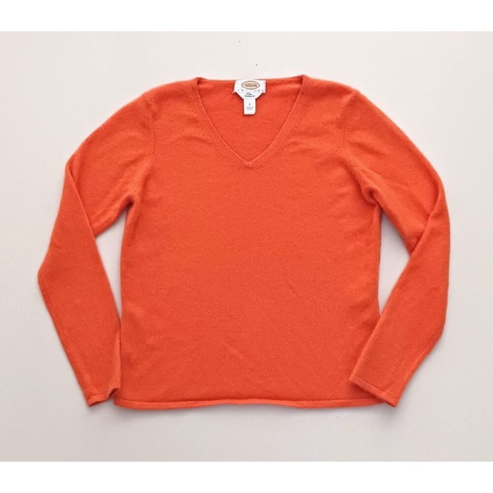 Talbots 100% Cashmere V Neck Pullover Sweater Melon Orange Knit Sz S Petite